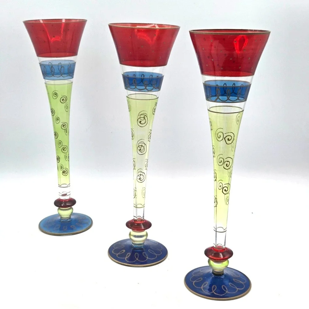 Pier I‎ Imports Hand Painted and Decorated Champagne Flutes Lot of 3 Art Deco